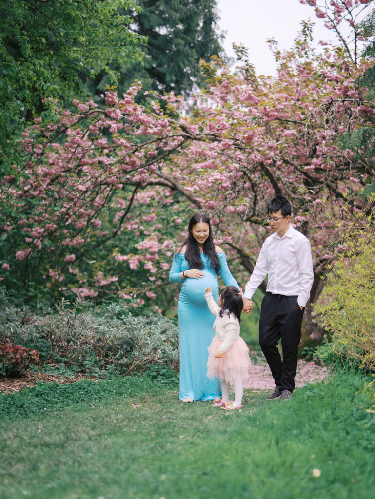 Mom walking daughter at Seattle cherry blossoms maternity session at UW Arboretum by Seattle Maternity Photographer Tanya Zagumenov