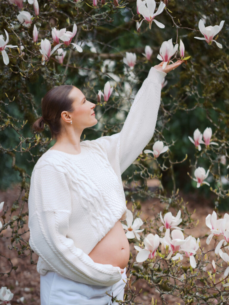 A mom-to-be reaching for a flower on the magnolia tree in a the park thinking about her midwives options
