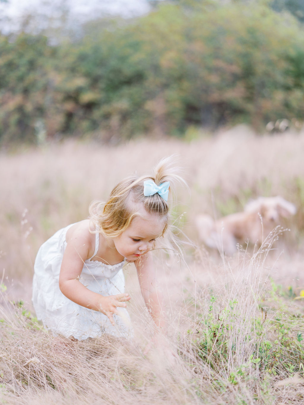 A girl wearing a cute outfit from a Seattle baby store frolicking in the grass in the park