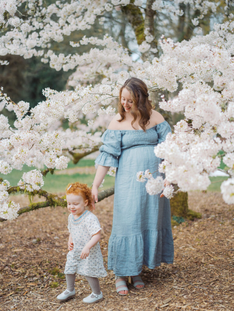 Pregnant mom wearing a blue flowy dress and toddler daughter in the park